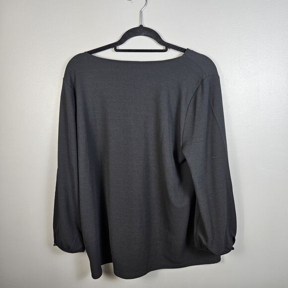 Talbots Womens Blouse Black Split Neck Pullover Stretch Blouson Sleeve Size XL - Picture 2 of 5